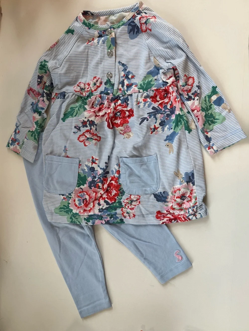 Floral Stripe Long-Sleeve Kids Set - Light Blue